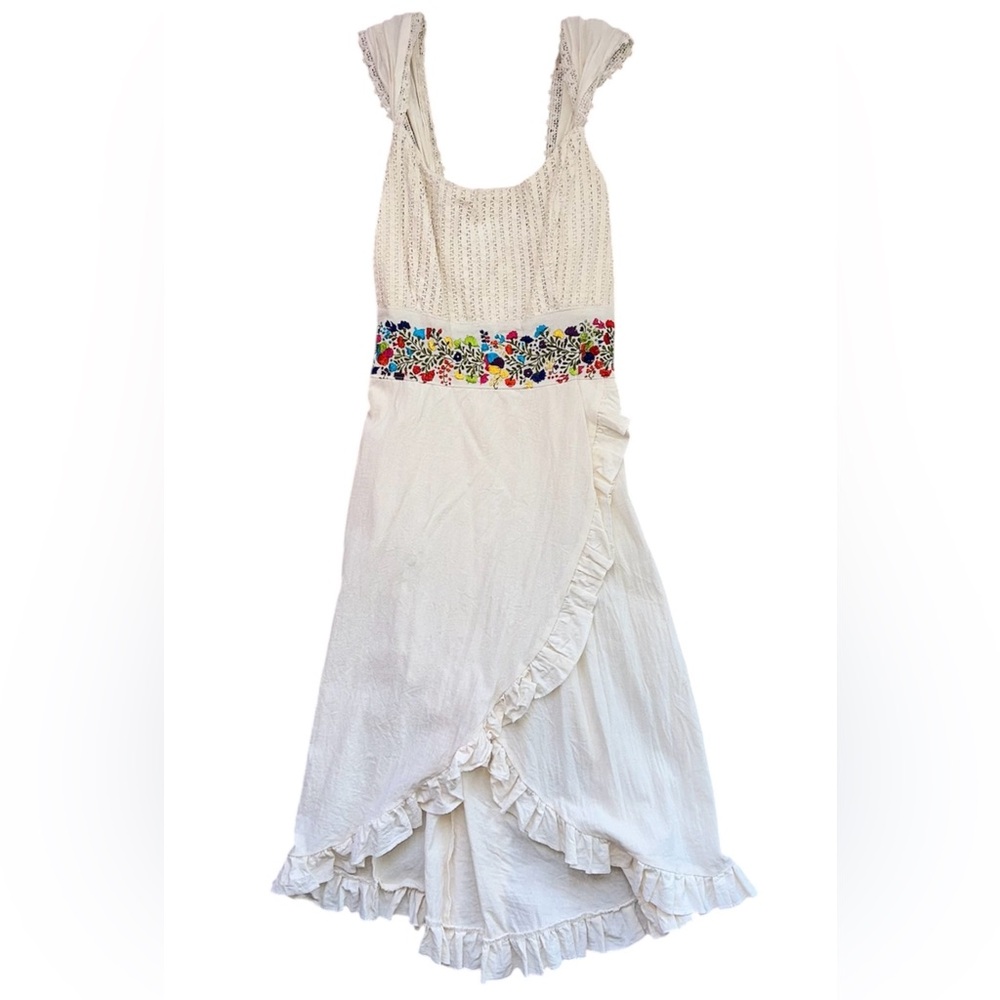 White Hand Made Linen Dress with Colorful Embroidered Waist